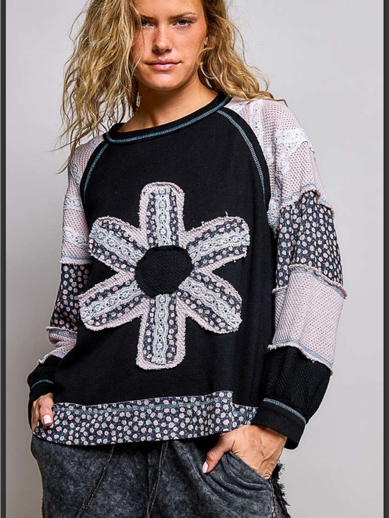 POL Tops - POL Thermal Waffle Knit Black & Pink Floral Patchwork Pullover Top
